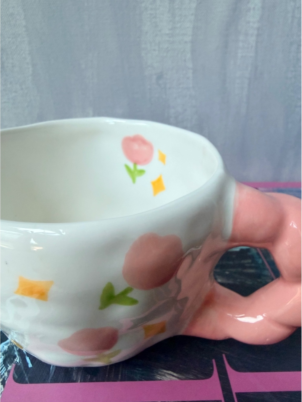 Vintage Pink Tulip Mug Japanese Kawaii Ceramic Cup Floral Cottagecore - Picture 7 of 7